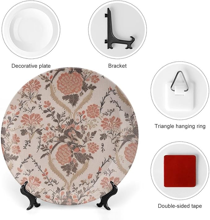 France Toile Garden Rosewood Ceramic Decorative Plate Decor for Wedding Farmhouse Display Personalized Halloween Idea Gifts Dinner Plates Including Bracket And Special Hook, Multi Sizes by Choosing