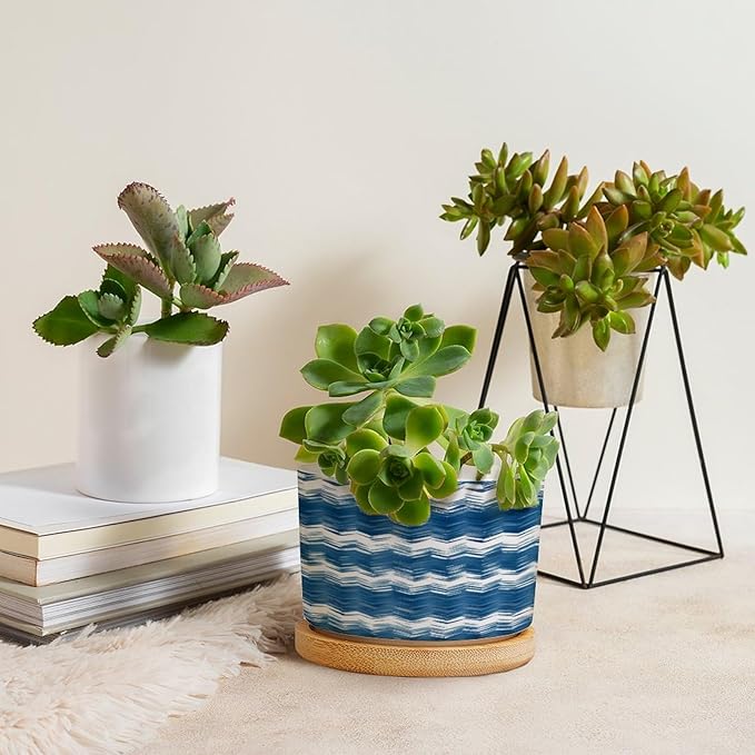 DreamAutumn Ikat Style Zag Pattern Blue Ceramic Pots for Plants with Drainage Holes Round Flower Pot Bamboo Tray Orchid Pot Succulents Pots for Outdoor Indoor Plants,Housewarming Gifts