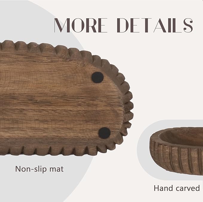Oakrain Wooden Decorative Bowl for Home Decor, 16" Rustic Dough Bowl with Hand Carved Vertical Stripes, Long Wood Tray for Table Centerpieces, Brown