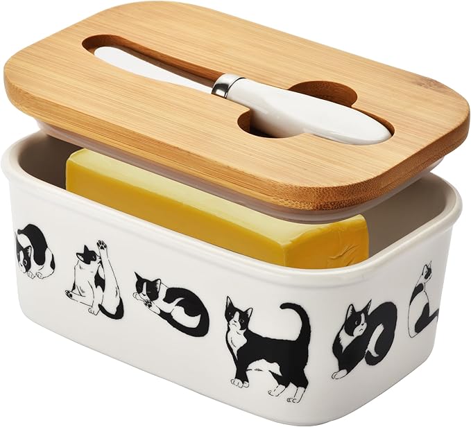 Large Butter Dish with Lid for Countertop,Musical Note Design Ceramic Covered Butter Holder with Knife for Fridge, Airtight Butter Keeper Container Storage for East West Coast Butter,White