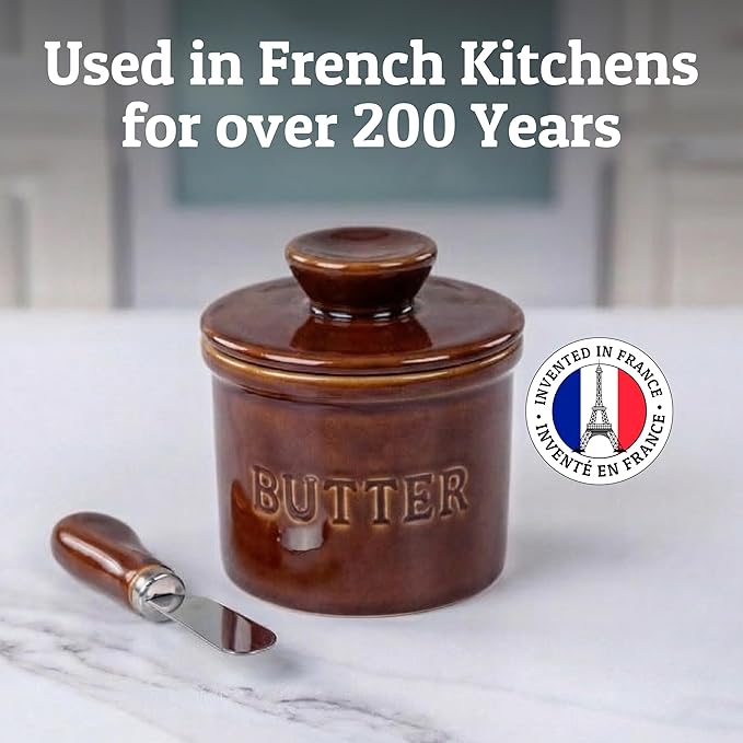PriorityChef Butter Crock with Lid with Water Line,Ceramic French Butter Dish to Leave On Counter, Brown