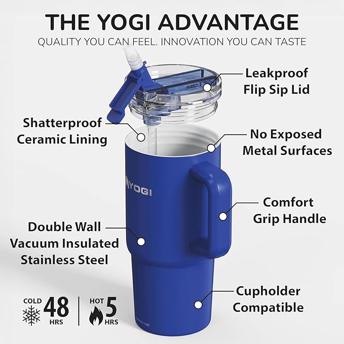 YOGI Ceramic Lined Metal Allergy Safe 24oz Tumbler with Handle and Straw Leakproof Flip & Sip Lid Vacuum Insulated Stainless Steel Travel Cup for Iced Coffee Water and All-Day Hydration 24oz Indigo