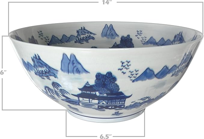 Red Lantern 14" Landscape Blue & White Porcelain Bowl Vase for Centerpiece in Kitchen Dining Living Room Bedroom with Boho Eclectic Modern Contemporary Classic Traditional Style Decor