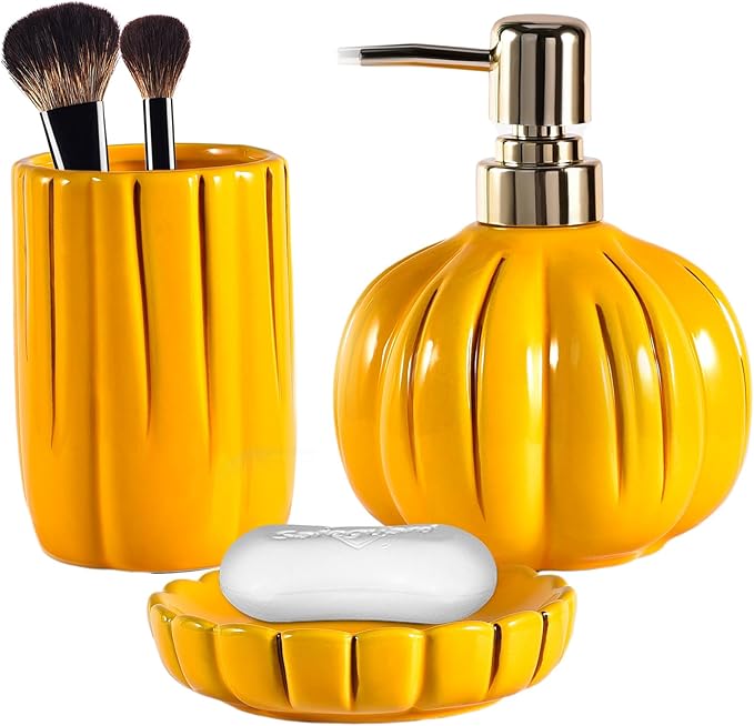 Ceramic Bathroom Accessories Set of 3, Thanksgiving Pumpkin Bathroom Decor, Fall Bathroom Sets Complete -Toothbrush Holders, Soap Dispenser, Soap Dish, Bathroom Organizer for Countertop