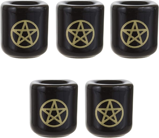 Mega Candles 5 pcs Ceramic Gold Pentacle Chime Ritual Spell Candle Holder - Black