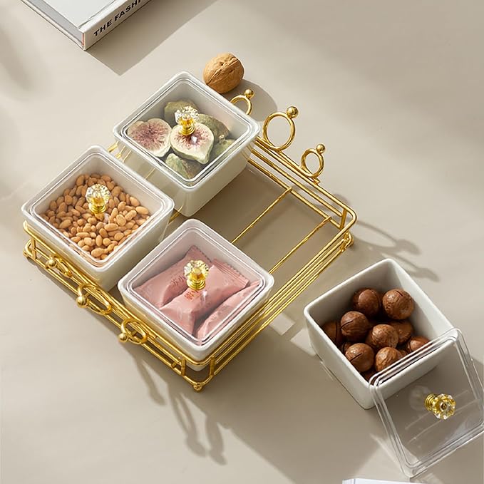 YA JU Ceramic Bowls and with Lid Gold Basket Trays, 4 Removable Small Bowls Condiment Trays Nut Serving Set for Snacks, Fruits, Candy and Condiments - Great for Parties, Holiday Gifts,White