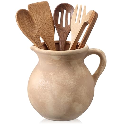 Rustic Kitchen Utensil Holder with Handle,7.48" H Ceramic Vintage Utensil Crock for Countertop, Farmhouse Kitchen Decoration Ceramic Pot for Spatulas Spoons Tongs(Classic,Antique Beige)