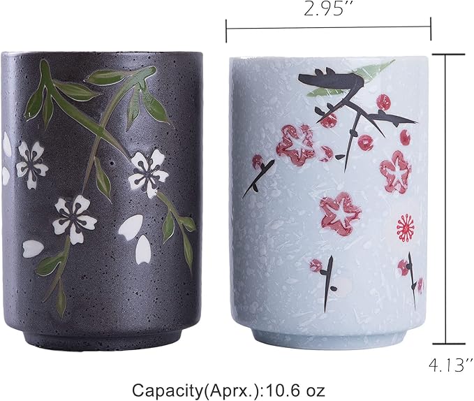WHJY 10oz Transitional Chinese/Japanese style Handle-less Ceramic Tea cups teacup, Flora Pattern Set of 2