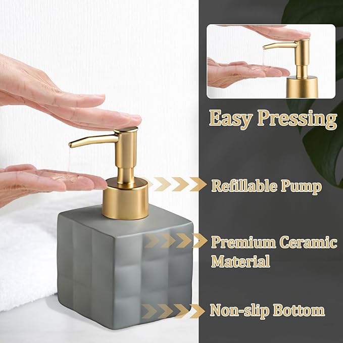 Hand Soap Dispenser Dish Cube Soap Dispenser Countertop 7.44 FL OZ. /220 ML Hand Lotion Pump Bottle Ceramic Lotion Container Liquid Hand Soap Jar Shower Dispenser Kitchen Bathroom Décor (Gray)