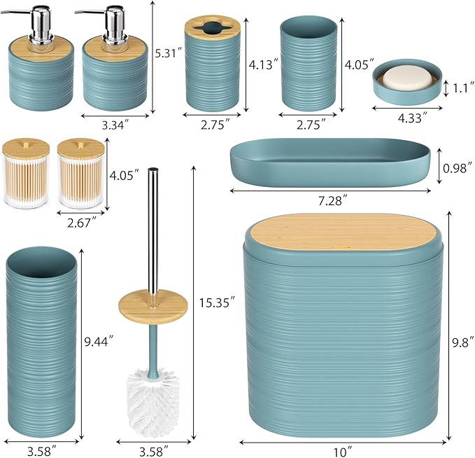 Light Blue Bathroom Set - 10PC Bathroom Accessories Set, Luxury Bathroom Accessory Set with Trash Can,Toilet Brush & 2 PC Soap Dispensers for Apartment Decor and Housewarming