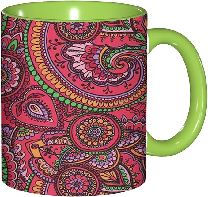 Asian,Ceramic Coffee Mug, Pattern Based on Traditional, Funny Tea Cup, 6 Colors to Choose, 11 Oz, Dishwasher and Microwave Safe (Green)