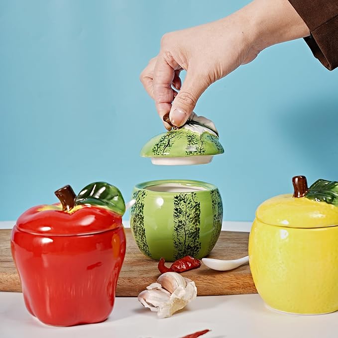 Hand-painted Ceramic Fruit Shape Sugar Bowl Spice Jar Seasoning Pot with Lid Spoon (Watermelon)