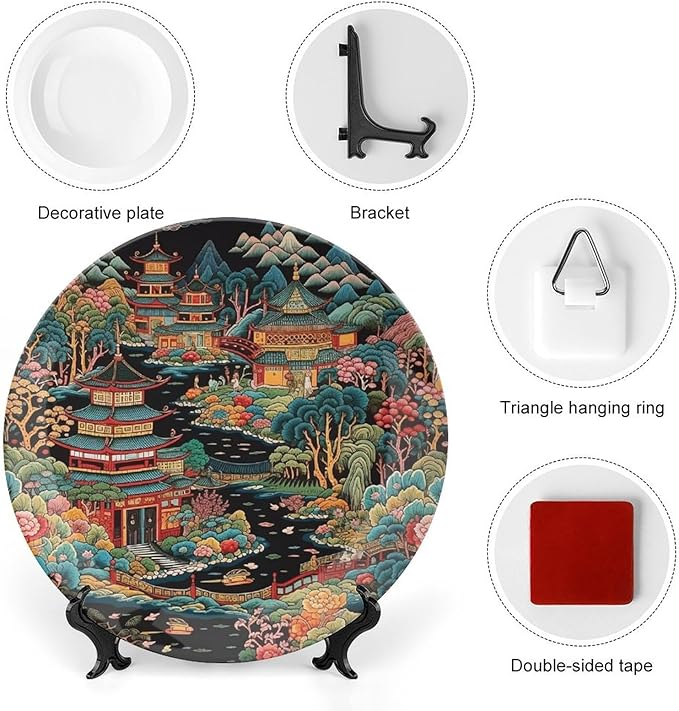 Chinoiserie Charcoal Coral Pagoda Asian China Plates, Asian Scenic Chic Chinoiserie Pagoda Custom Bone China Decorative Plate for Wedding Festival Home Decor, with Display Stand Art Decor for Table