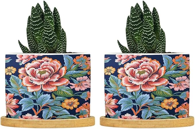 Bright and Chinoiserie Planters Ceramic Coral Peony Floral Round Flower Pot with Drainage Holes and Bamboo Tray Pot for Home Office Decoration