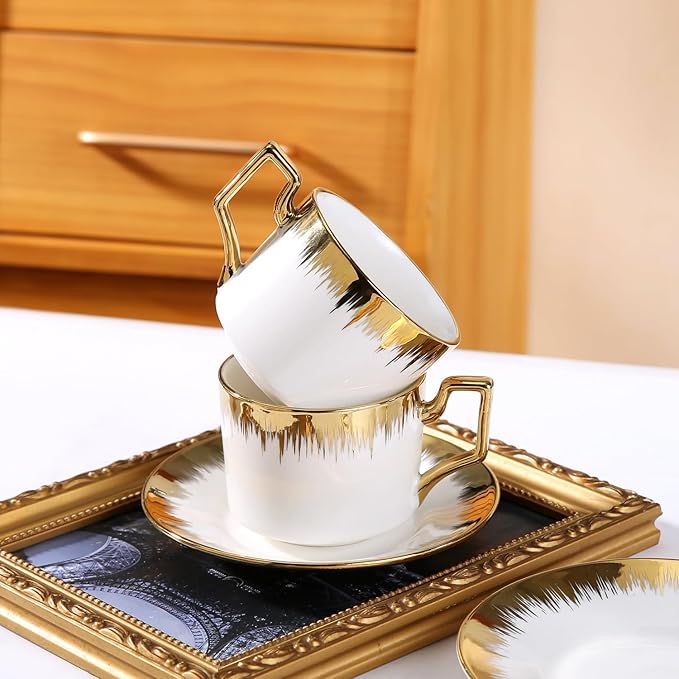 LETAOTAO Cappuccino Cups with Saucers, 8.5 oz Stackable Ceramic Coffee Cup and Saucer with Gold Trim, Turkish Coffee Cups Set for Double Espresso, Tea Cups Set of 6, White