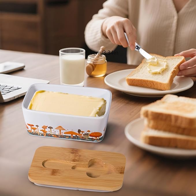 Mushroom Butter Dish with Lid,Large Butter Crock Keeper Saver,Ceramic Butter Container for Countertop with Highly Sealed Silicone Thick Wooden Lid for Kitchen Farmhouse Decor (White, Mushroom)