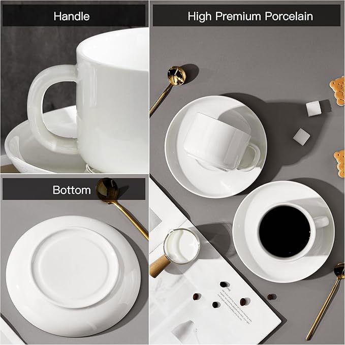 8oz Cappuccino Cups Set of 6, Ceramic Coffee Cups and Saucers Set with Spoons, Off-white Durable Coffee Cups for Cappuccino Espresso Latte Mocha Au Lait Macchiato Cafe