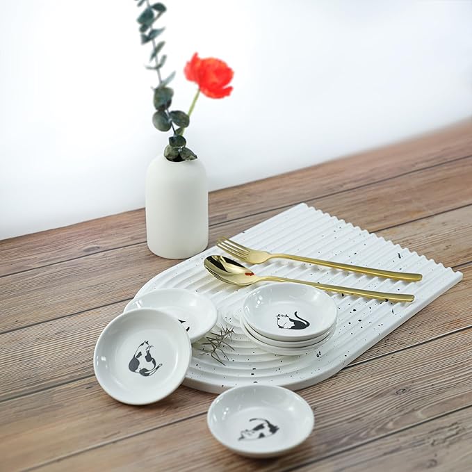 SOCOSY Super Cute Gentleman Cat Ceramic Sauce Dish/Seasoning Dish/Sushi Soy Dipping Bowl/Appetizer Plates/Serving Dish for Kitchen Home(Set of 6)