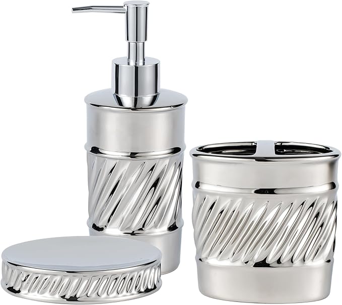 3-Piece Ceramic Bathroom Accessories Set - Soap Dispenser, Toothbrush Holder & Soap Dish with Modern Wave Embossed Design for Bathroom Accessory Set (Silver)