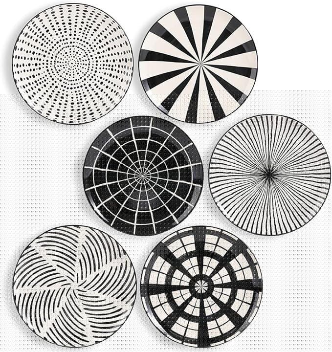Ceramic Dessert Plates 8 Inch - Salad Appetizer Plate Set of 6 - Modern Japanese Style - Dishwasher and Microwave Safe - Black and White