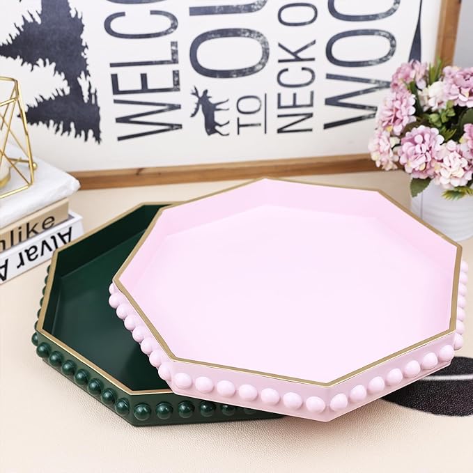 Pink Serving Tray for Coffee Table, Octagonal Beaded Plastic Decorative Tray for Ottoman, Kitchen Counter, Living Room