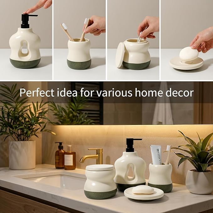 BosilunLife Bathroom Accessories Set of 4 - Beige Bathroom Countet Soap Set Bathroom Decor Bathroom Lotion Soap Dispenser Sets Toothbrush Holder, Soap Dish, Apothecary Jar (Beige with Sage Base)