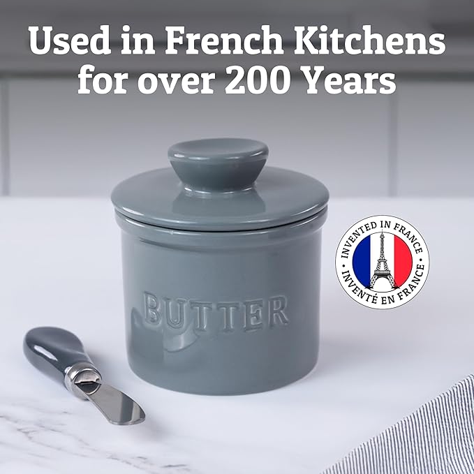 PriorityChef Butter Crock with Lid with Water Line, Ceramic French Butter Dish to Leave On Counter, Light Grey