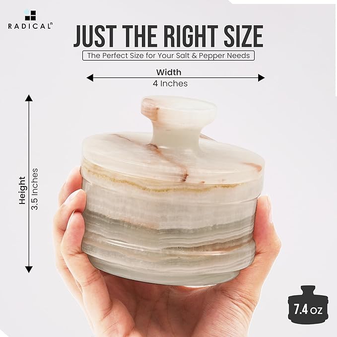 Radicaln Marble Salt Cellar with Lid 4" Inch White Onyx Handmade Salt Jar & Table Salt Storage For Kitchen Countertop, Ideal Salt Container, Salt Dish & Sugar Bowl For Tabler Counter, Spice Jar