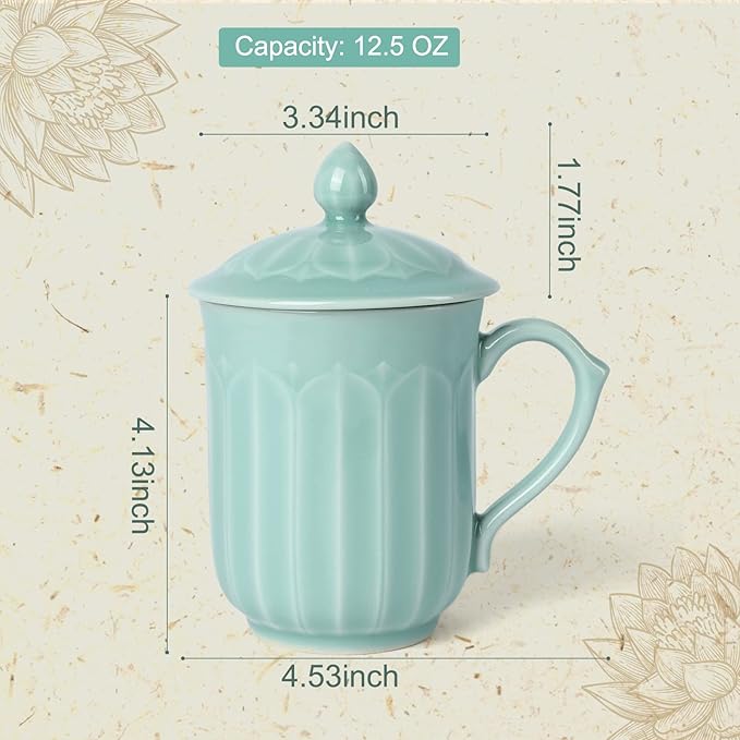 Porcelain Lotus Tea Cup with Lid and Handle, 12 oz Unique Coffee Mug, Microwave Dishwasher Safe, Gifts for Women and Men, Aesthetic Chinese Celadon 1 Pack (Sky Blue)