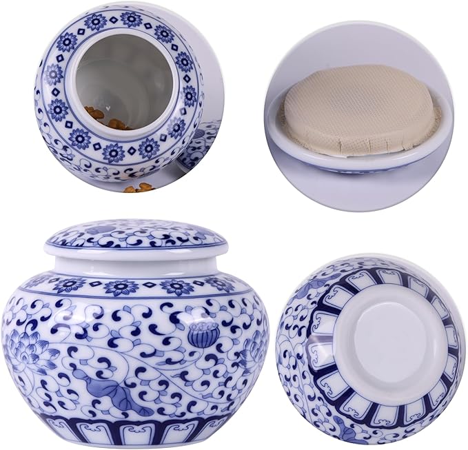 Traditional Chinoiserie Round Ginger Jars Blue and White Porcelain Series Ceramic Storage Jars with Sealed Lids,for Home/Kitchen/Dining Table Decoration (Leaves Jar)