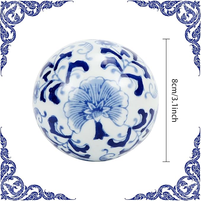 Kesywale Set of 3 Blue & White Porcelain Orbs Decorative Balls Ceramic Spheres for Centerpiece Bowl, Tray or Basket Decor 3 Inch Diameter (A)
