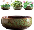 Ceramic Lotus Bowl Planter, Lotus Pots for Water Plants Indoor, Large Caliber Flow Glaze Non-Porous Hydroponic Container, Succulent Pots, Leak-Proof Design (Green Peacock Pattern) 6.6in*2.7in