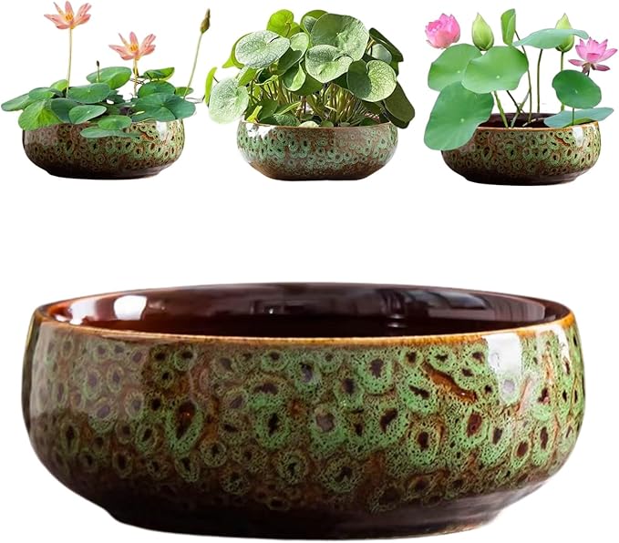 Ceramic Lotus Bowl Planter, Lotus Pots for Water Plants Indoor, Large Caliber Flow Glaze Non-Porous Hydroponic Container, Succulent Pots, Leak-Proof Design (Green Peacock Pattern) 6.6in*2.7in