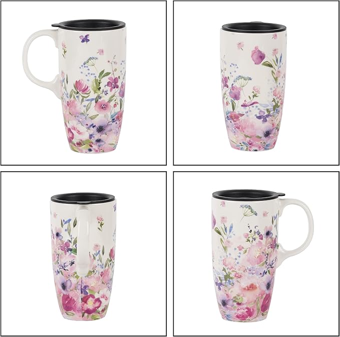 Topadorn Ceramic Travel Mugs Porcelain Latte Tea Cup Coffee Mug with Gift Box, 17oz. Pink Garden