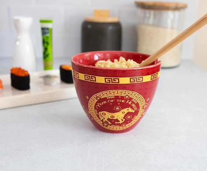 Boom Trendz Year Of The Horse Chinese Zodiac Ceramic Dinnerware Set | Includes 16-Ounce Ramen Noodle Bowl and Wooden Chopsticks Asian Food Dish For Home & Kitchen Kawaii Lunar New Gifts red One Size