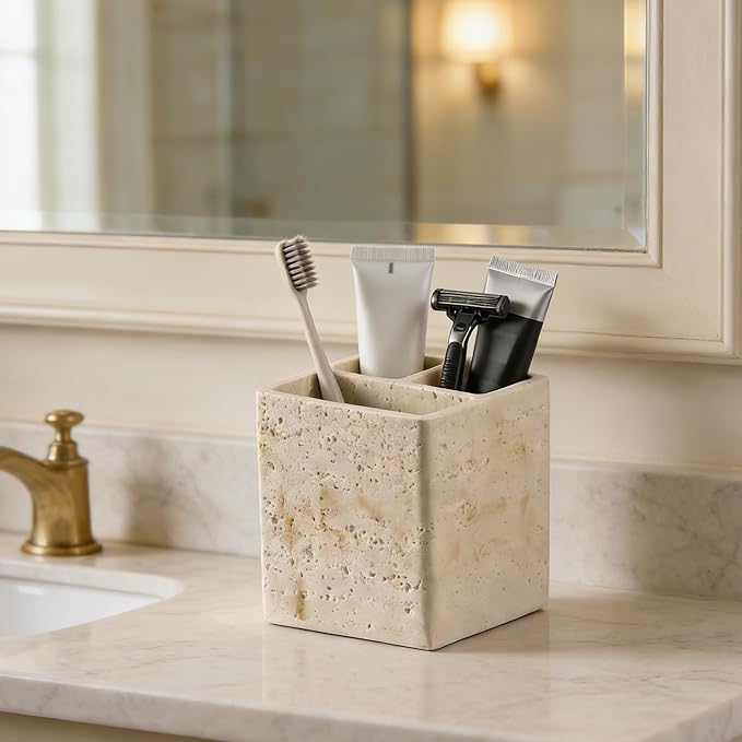Natural Travertine Textures Toothbrush Holders for Bathroom, Electric Toothbrush and Toothpaste Holder 3 Slots Tooth Brush Organizer for Bathroom Countertop, Shower, Vanity