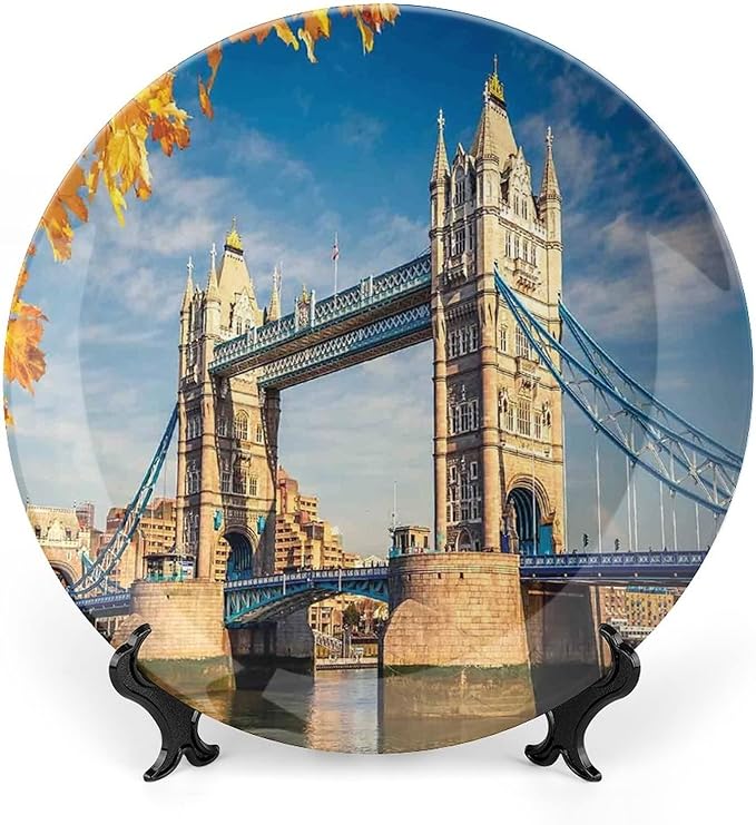 XISUNYA 10 Inch Decorative Plate, London Ceramic Craft, Historical Tower Bridge Mossy Abutments Autumnal Leaves Print Ceramic Wall Hanging Decor Accessory for Dining Table Tabletop Home Decor