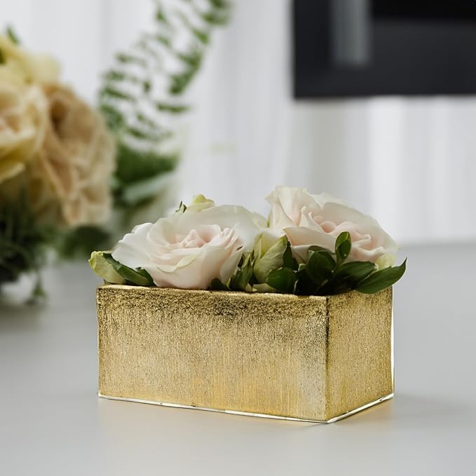 WGVI Long Rectangle Ceramic Planter Vase in Gold Etched 12" x 4" x 4"H, Block Rectangular Terrarium Box Pot, Flower Arrangement, Table top Centerpiece, Home Decor Storage Container, 1 Pc.