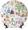 XISUNYA 8 Inch Decorative Plate, Doodle Ceramic Plate, Simple Childlike Drawing of House Girl and Boy Teddy Bear Print Ornament Display Plate Decor Accessory for Dining, Parties, Wedding