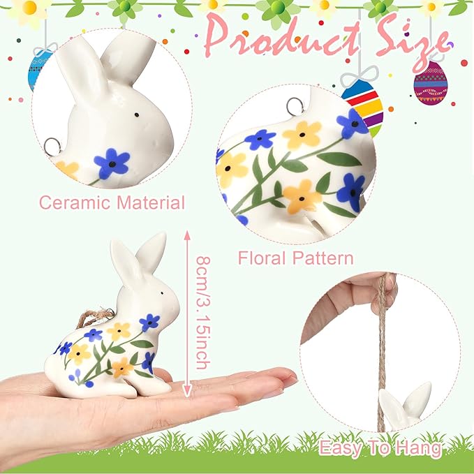 3 Pcs Ceramic Easter Bunny Decorations Spring Rabbits Hanging Ornaments Chinoiserie Blue and White Floral Bunny Figurines Centerpieces for Table Easter Tree Home Indoor Decor