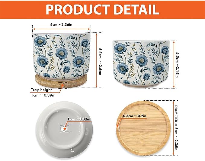 Mughal Flower Ceramics Planter Set of 2 Chinoiserie Blue Floral Cactus Pot for Indoor with Drainage Holes Oriental Chinoiserie Small Succulents Plant Pot Birthday Gift for Mom Women