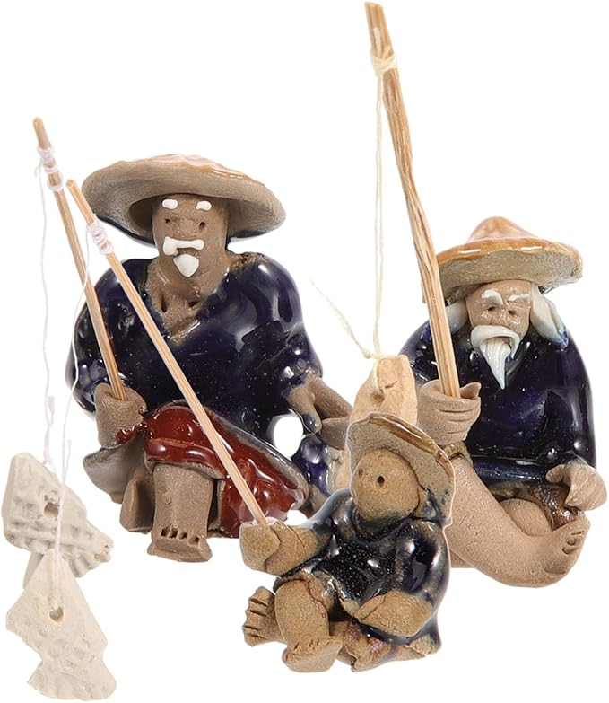 Mikikit 9pcs Mini Fisherman Statue Chinese Style Ceramic Figurines for Aquarium Bonsai Decor Realistic Fisherman Ornaments for Home Landscape Vintage Fishing Man Sculpture