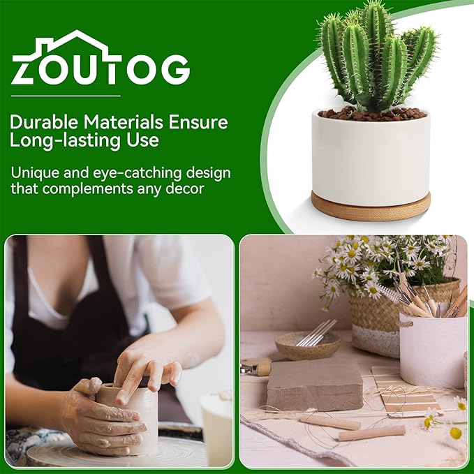 ZOUTOG Succulent Pots 3.1 Inch,6 Pack Succulent Planters,Small Pots for Plants with Drainage and Tray,White Ceramic Flower Planters for Indoor Plants,Home,Office,Desk