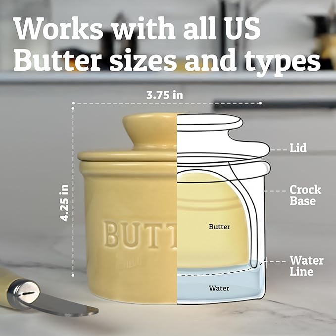 PriorityChef Butter Crock with Lid with Water Line, Ceramic French Butter Dish to Leave On Counter, Khaki