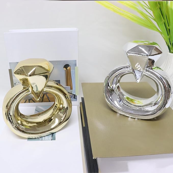 Zerzsy Set of 2 Statues Figurine Home Decor, Golden Modern Abstract Statue for Living Room Bedroom Shelves Wedding Decoration, Large Diamond Ring Love Decorative Sculpture-Gold & Silver