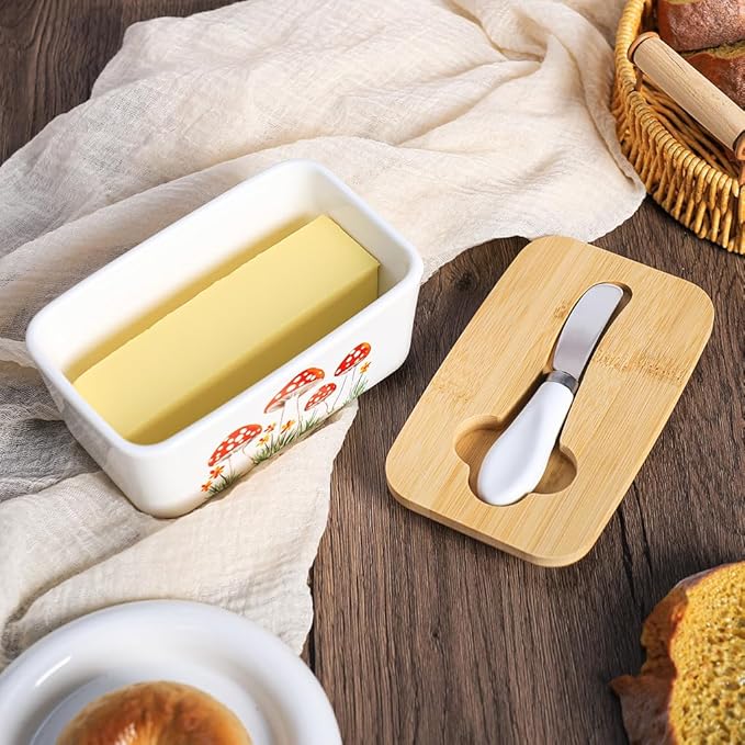 WAIT FLY Mushroom Ceramic Butter Dish with Bamboo Lid and Knife, 2 Sticks Butter Dish Butter Container Keeper for Kitchen Countertop, Home Decorative-Mushroom