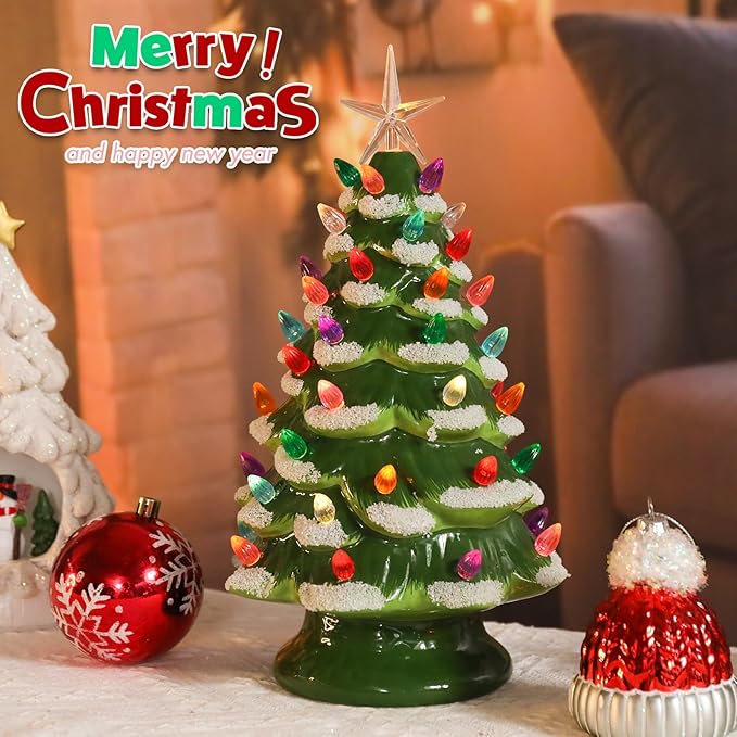 VCUTEKA Small Ceramic Christmas Tree Hand-Painted Vintage Tabletop Green White Christmas Tree Holiday Decoration with Multi-Color Lights Xmas Trees 12 inch