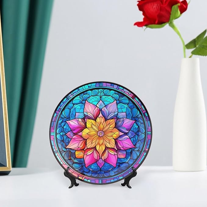 Decorative Plates for Wall Hanging, Boho Flower Stained Glass Design Ceramic Plate w/Display Stand, Home Decor for Kitchen Cabinets, Farmhouse Round Tray 6 Inch, Gift for Family Friends