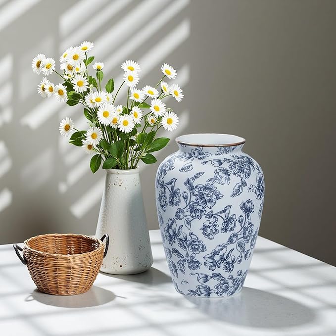 Blue and White Chinoiserie vase - Vintage Ceramic vase with Antique Design, Perfect for Chinoiserie Home Decor 9in Flower vase04