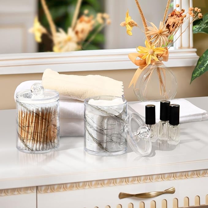 MNSRUU 4 Pack Qtip Holder Organizer Dispenser Stylish White Marble Texture Bathroom Containers Bathroom Vanity Storage Canister Apothecary Jars for Cotton Swabs/Pads/Floss